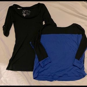 2 for 1 deal- black waffle knit 3/4 top + flowy black and blue 3/4 knit crop top